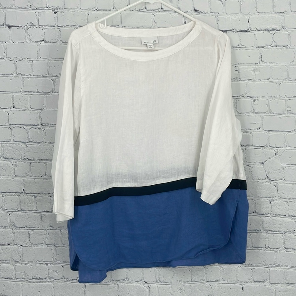 J. Jill 100% Linen Lagenlook Lightweight Color Block White Blue Shirt
